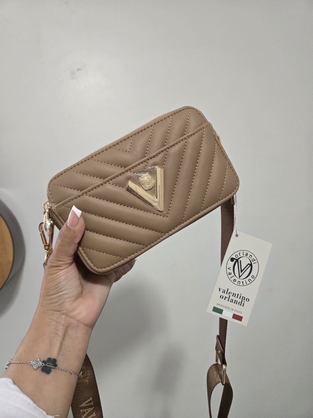 Valentino Orlandi Taupe Quilted Leather Crossbody with Gold Accent